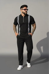 Strip Zip-up Polo Style 2 Pcs Set