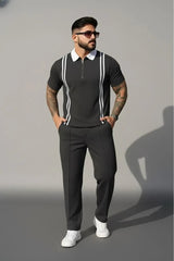 Strip Zip-up Polo Style 2 Pcs Set