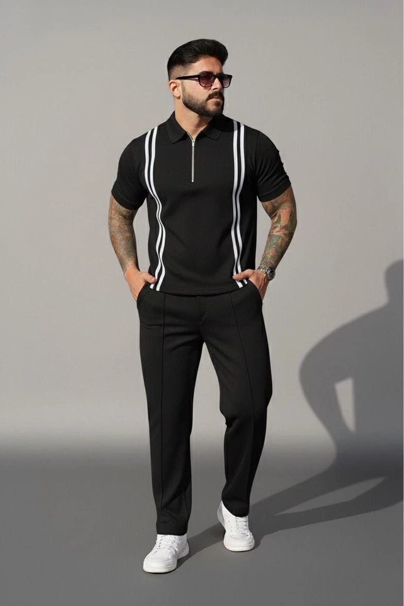 Strip Zip-up Polo Style 2 Pcs Set
